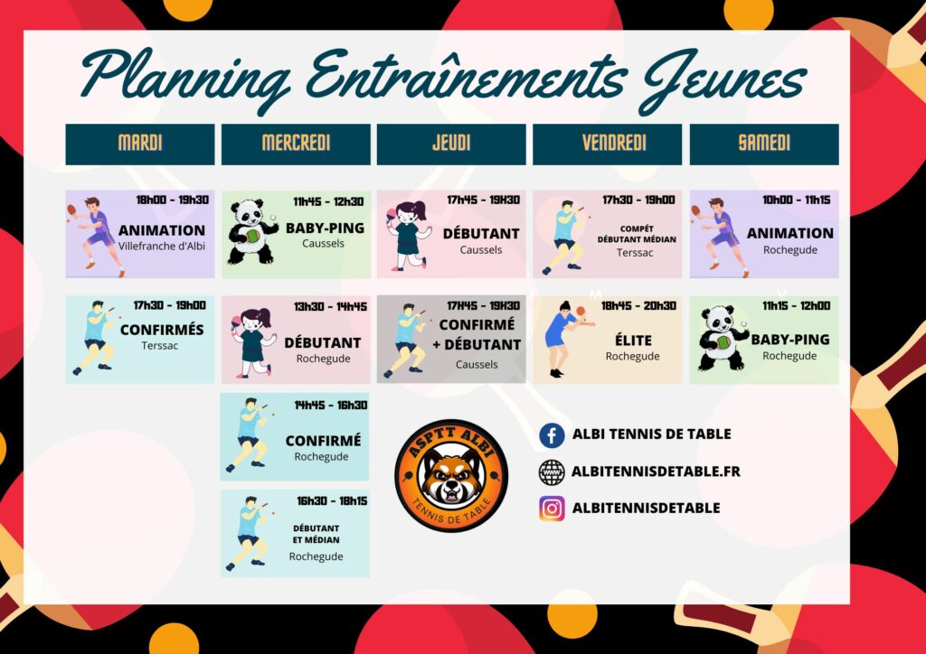 Le planning des entraînements de ping pong du club ALBI TENNIS DE TABLE pour la saison 2023/2024