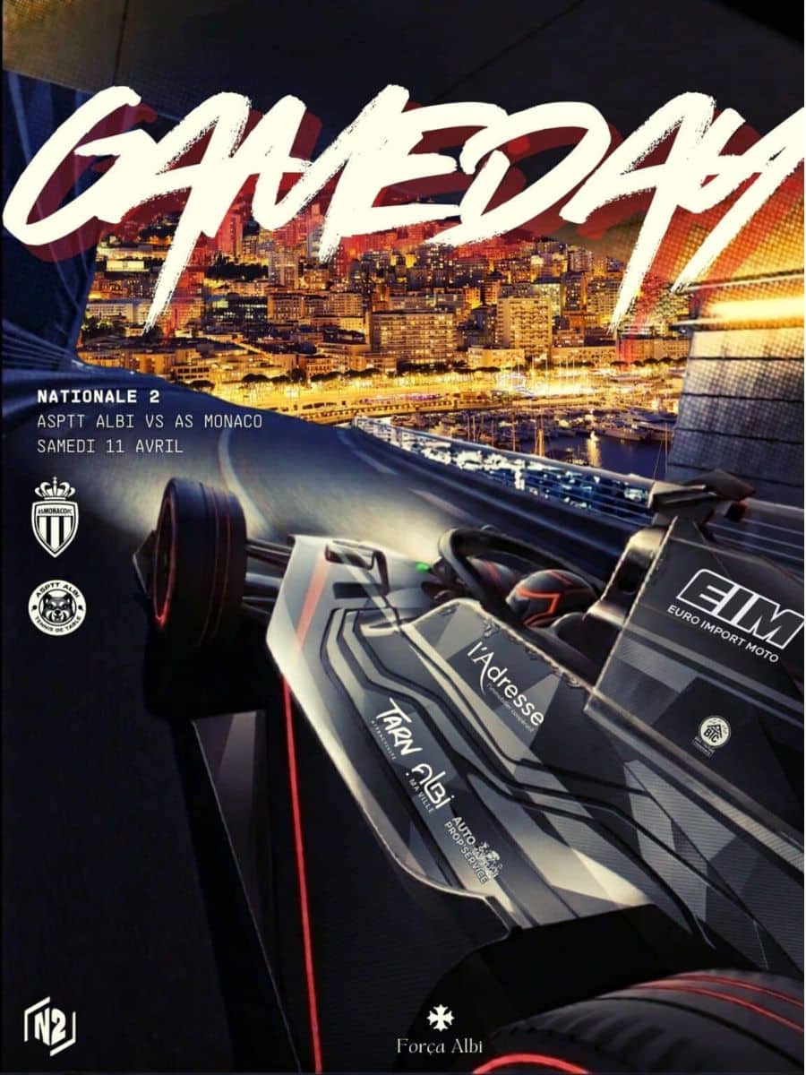 Affiche du déplacement de l'équipe 1 à Monaco, logos des partenaires intégrés sur une voiture de Formule 1